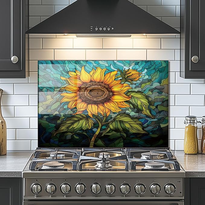 Evgosm tempered glass backsplash, sunflower Splashback, Glass Backsplash, Used for Kitchen Wall Protection and Decoration, Easy to Install and Clean. (30x14'')