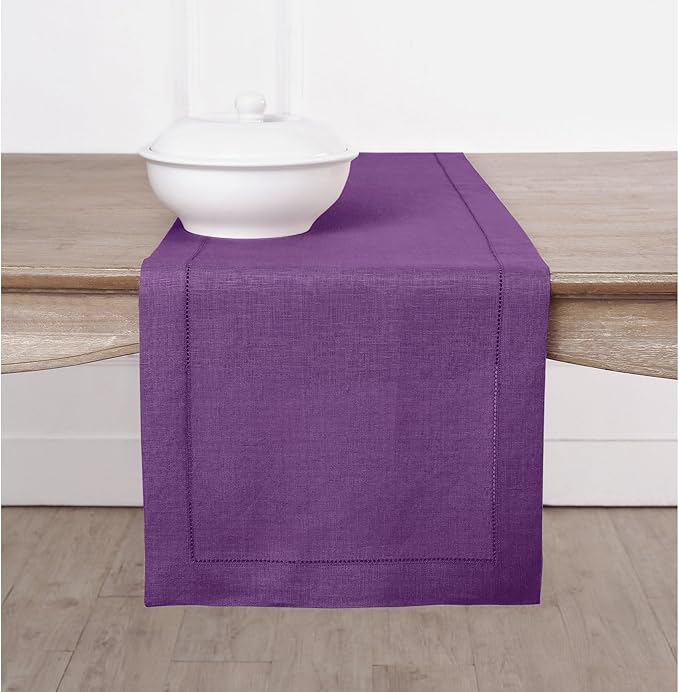 Solino Home Linen Purple Table Runner 108 Inches Long - 100% Pure Linen Hemstitch 14 x 108 Inch Table Runner for Dining, Valentines, Spring, Easter - Classic Hemstitch