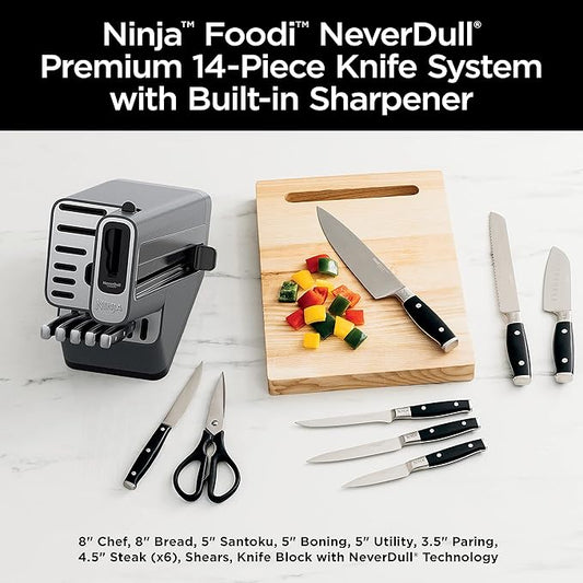 Ninja Knife Set, Knife Sharpener, Knife Block Set, Stainless Steel Knives, 14 Piece Set, Steak Knives, Chef Knives and More, Foodi NeverDull, Black, K32014