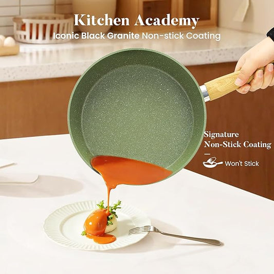Kitchen Academy 17 Pieces Induction Cookware Set with Griddle, Green Granite Pots and Pans Set Non Stick, Healthy Nonstick Cooking Pans Set