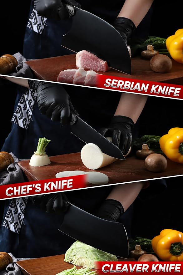 Dream Reach Chef Knife Set - 6PCS Hand Forged Black Butcher Knife Set for Meat Cutting, Serbian Cleavers with A Roll Bag for Kitchen Camping BBQ Outdoor, Birthday Mother Father Gift Idea