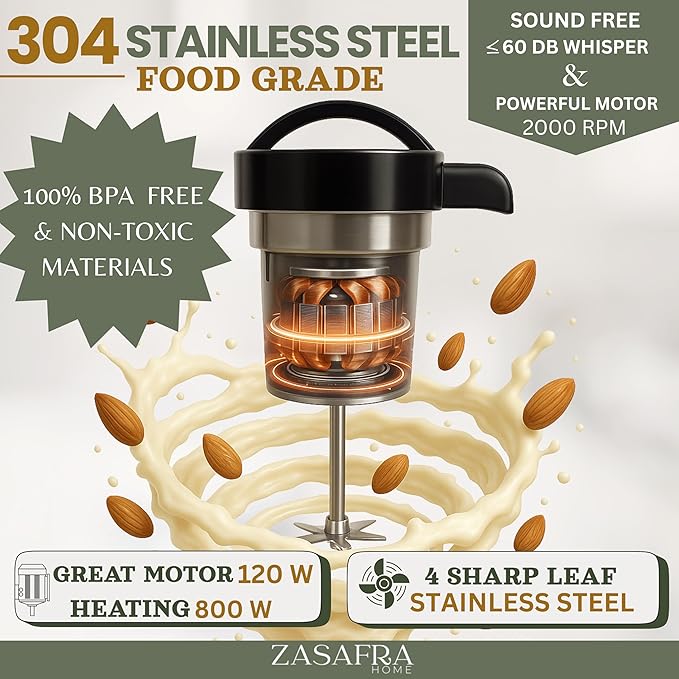 Nut Milk Maker Machine 50oz/1.5L Stainless Steel (Built-In Strainer,No Mesh Bags) Cooking Blender, 6-7 Cups Per Batch,8-IN-1 Appliance, Almond, Oat & Soymilk Maker, Creamy Plant-Based Milks & Soups