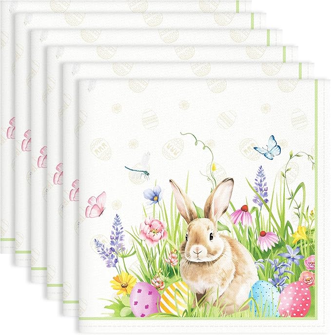 Easter Bunny Napkins, 18×18 Inch Egg Grass Dinner Cloth Napkins Set of 6, Washable Cotton Soft Absorbent Square Napkins for Dining Kitchen Party Wedding Decoration