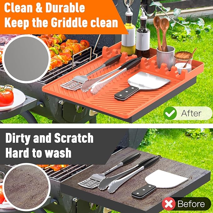 Silicone Grill Mat Compatible with Blackstone, BBQ Griddle Tools Mat with Drip Pad, Spatula Mat for Outdoor Kitchen Counter, Gifts for Men (Orange)