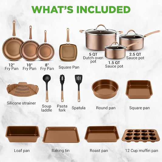 Nutrichef 20 Piece Professional Home Kitchen Cookware and Bakeware, Pots and Pans Set Non Stick Kitchenware, Cool-Touch Handles, Non Toxic, Safe for Gas, Electric, Induction Cooktops, Easy Clean