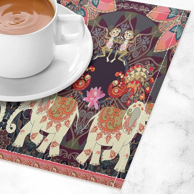 Boho Mandala Placemats Set of 4 Indian Ethnic Elephant Art Printed Dining Table Mats for Restaurant Home Kitchen Holiday Picnic Party Decor 12x18in