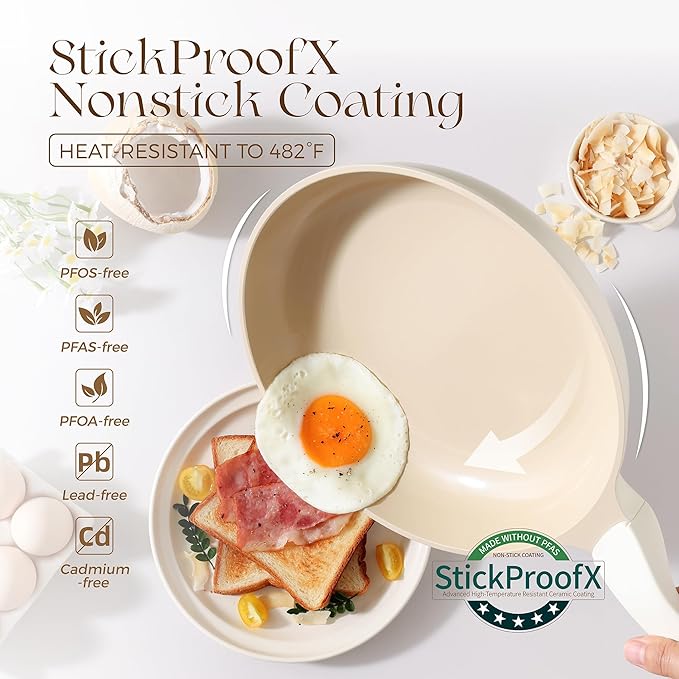 PRICUSIS 8Pcs Ceramic Nonstick Frying Pan Set with Lid, 8+10+12 Inch Induction Compatible Skillet with Stay Cool Handle, Fully Coated, 100% Dishwasher Safe, PFAS & PTFE & PFOA Free (Coconut White)