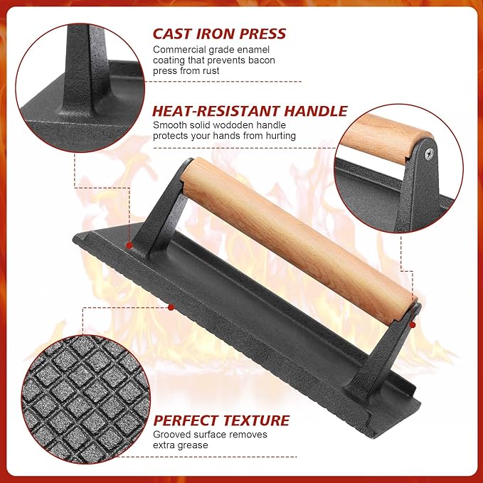 3 Pcs Cast Iron Grill Press 8 x 4 Inch Bacon, Burger and Sandwich Press for Griddle Grill 2.2 Lbs Cooking Weight