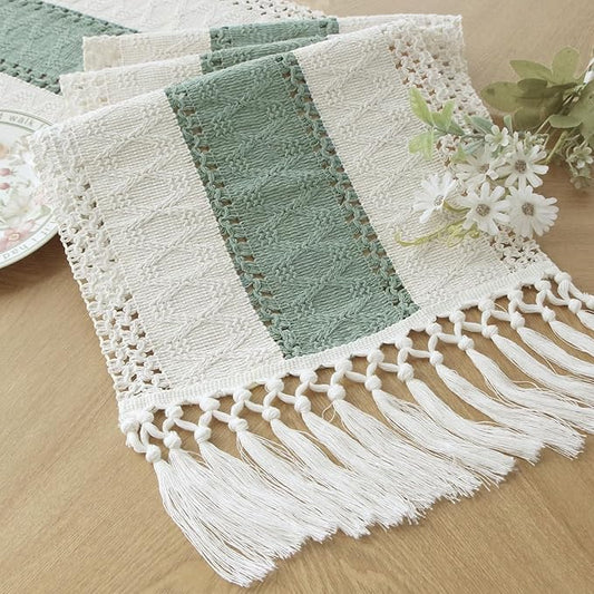FEXIA Sage Green Table Runner 48 Inches Long with Tassels Boho Macrame Farmhouse Table Runners for Home Decor Party Bohemian Rustic Bridal Shower Dining Decorations (12x48 Inches)