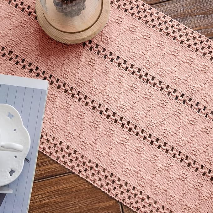 Alynsehom Macrame Table Runner Pure Pink Boho Table Runners with Tassels Hand Woven Cotton Table Runner Rustic Farmhouse Table Runners for Bohemian Kitchen Dining Table(12x48in)