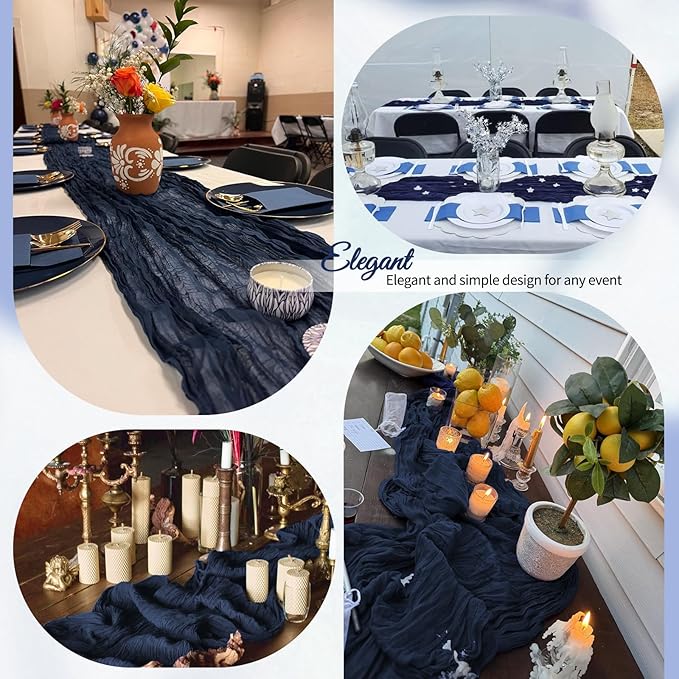 12 Pack Navy Blue Cheesecloth Table Runner 10Ft, Gauze Table Runners 21.5 x 120 inch,Semi Sheer Cheese Cloth Fabric Runner Bulk for Wedding,Party,Baby Shower,Bridal Shower
