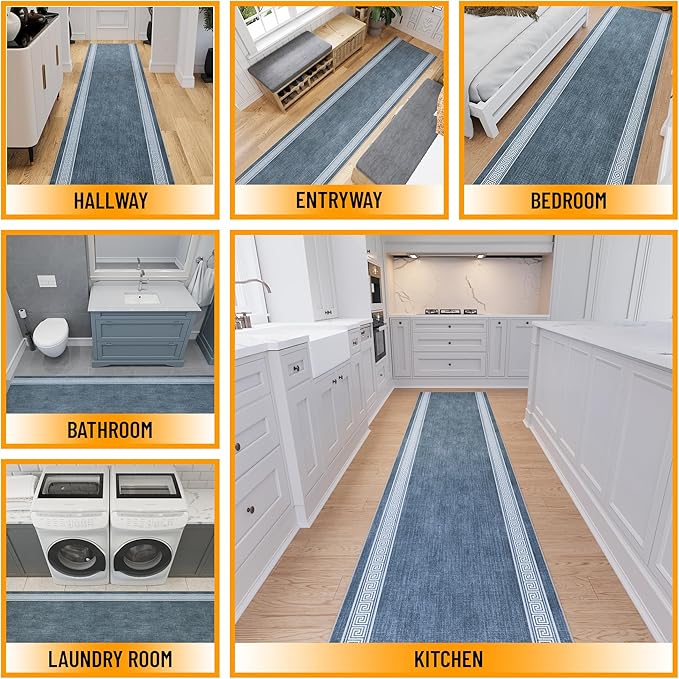 Ottomanson 3-Piece Kitchen Rug Set - Non Slip Runner & Washable Mat - 1'11" x 3' + 1'11" x 4' + 1'11"' x 5' - Durable, Stain Resistant for Entryway, Bedroom and Bathroom, Greek Border Greyish Blue