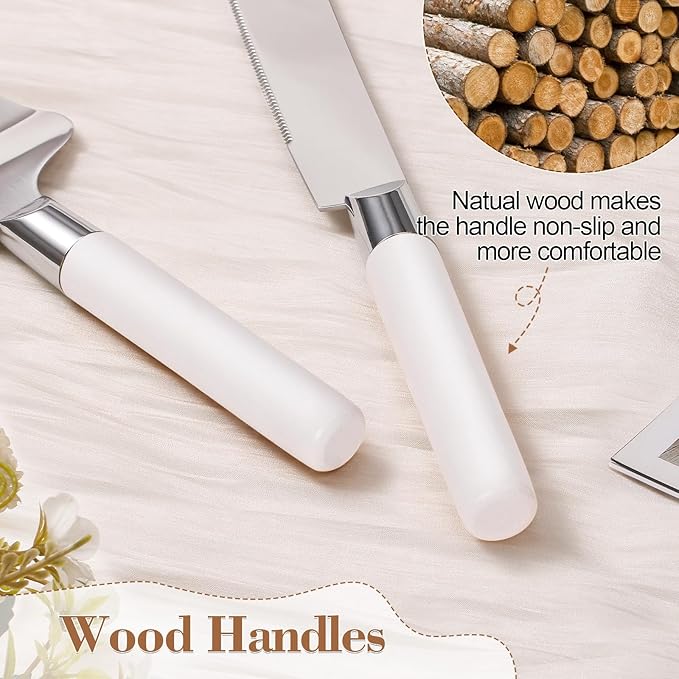 TUKDAK Cake Cutting Set for Wedding, Wood Cake Knife and Server Set, Vintage 2-Piece Pie Cake Cutter, White Pizza Dessert Utensils Bridal Anniversary Birthday Quinceañera Gift (White)