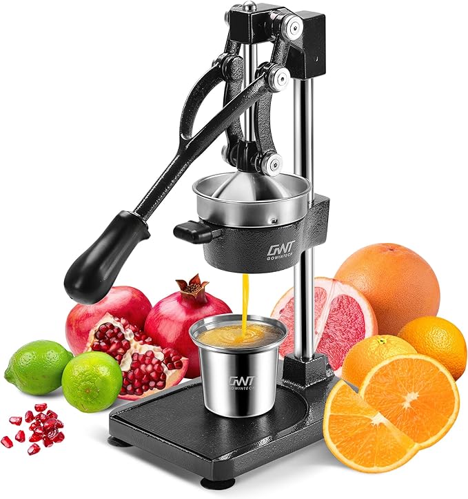 18 Inch Height Commercial Heavy Duty Cast Iron Hand Press Manual Orange Citrus Lemon Lime Grapefruit Pomegranate Fruit Juice Squeezer Machine with Stainless Steel Cup and Durable Base Black