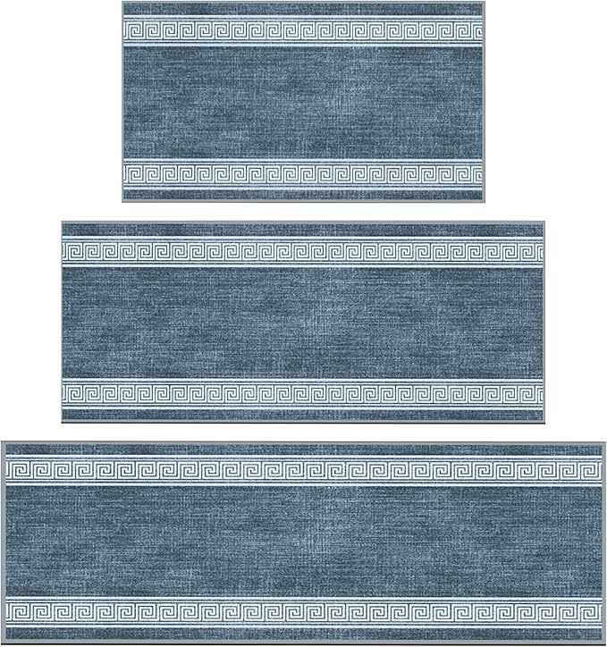Ottomanson 3-Piece Kitchen Rug Set - Non Slip Runner & Washable Mat - 1'11" x 3' + 1'11" x 4' + 1'11"' x 5' - Durable, Stain Resistant for Entryway, Bedroom and Bathroom, Greek Border Greyish Blue