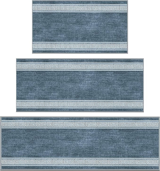 Ottomanson 3-Piece Kitchen Rug Set - Non Slip Runner & Washable Mat - 1'11" x 3' + 1'11" x 4' + 1'11"' x 5' - Durable, Stain Resistant for Entryway, Bedroom and Bathroom, Greek Border Greyish Blue