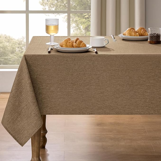 Faux Linen Farmhouse Table Cloth 60"x144" for 10 ft Rectangle Table, Coffee Waterproof Outdoor Washable Tablecloth for Rectangular Dining Room Kitchen Outdoor Party Restaurant Table