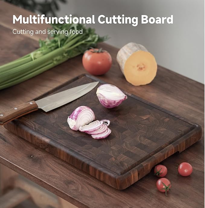 Muso Wood Large End Grain Cutting Borad 16x12 In, Checkered Cutting Board with Feet, Made from Walnut Wood, Chopping Board For Kitchen with Juice Groove Handles