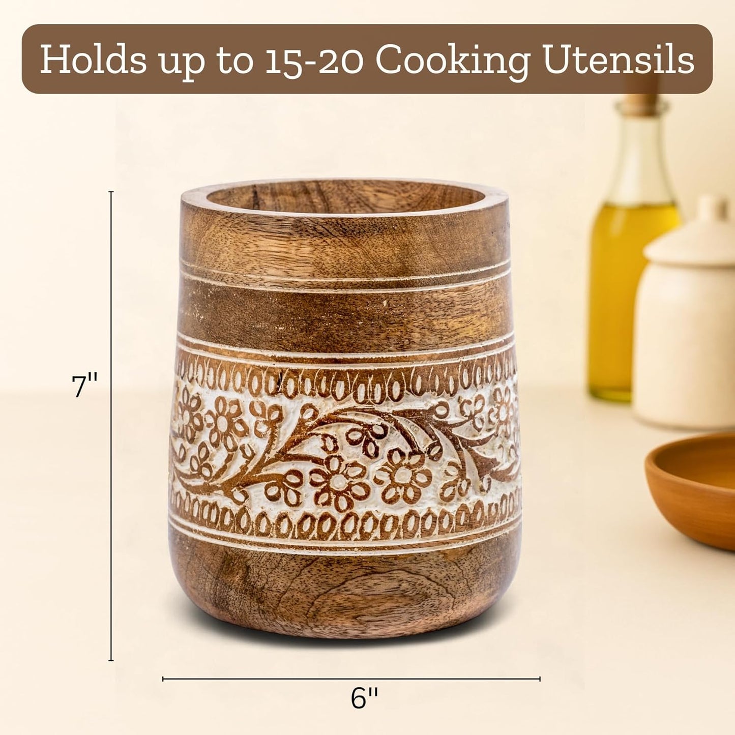 Mie Creations Farmhouse 7'' Large Utensil Holder for Kitchen Counter | Handcrafted Wooden Utensils Crock Cooking Spatula Organizer | Elegant Floral Utensil Caddy, Christmas Thanksgiving Decor- White