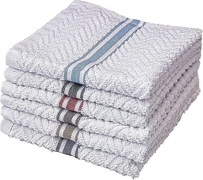 Fashion Flavor - Terry Dish Towel Set of 6 Size 12"x12". Highly Absorbent, Soft Yet Sturdy, Machine Washable and with a Convenient Hanging Loop