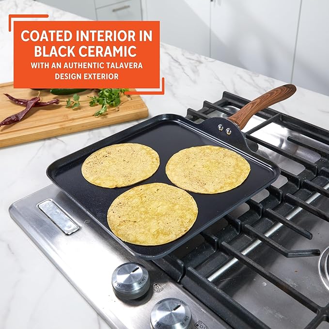 IMUSA 11 Inches Square Griddle Pan with Cool Touch Handle, Non-Stick Ceramic Coated, Talavera design