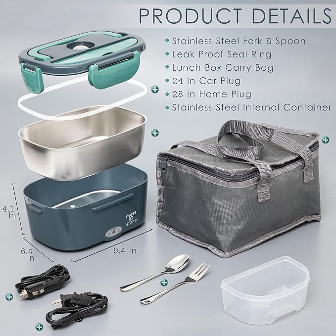 Moss & Stone Electric Lunch Box Food Heater for Adults Green & Gray Food Warmer Lunch Box, 12/24/110v Lunch Box Warmer Portable For Work/Car/Truck, Fork & Spoon & 1.5L Removable S.S Container