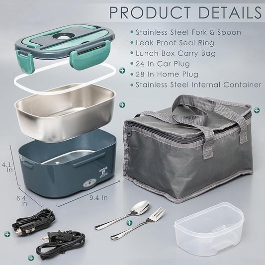 Moss & Stone Electric Lunch Box Food Heater for Adults Green & Gray Food Warmer Lunch Box, 12/24/110v Lunch Box Warmer Portable For Work/Car/Truck, Fork & Spoon & 1.5L Removable S.S Container