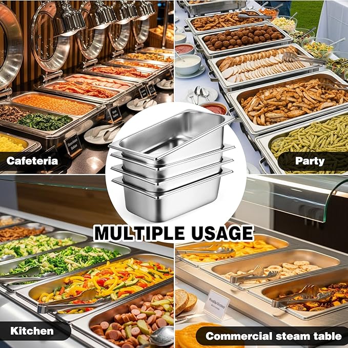 West Bay 4 Pack 1/3 Hotel Pan with Lids, 4'' Deep Steam Table Pan with Lid, 13''L x 6.8''W Stainless Steel Pans for Home, Party, Hotel, Buffet