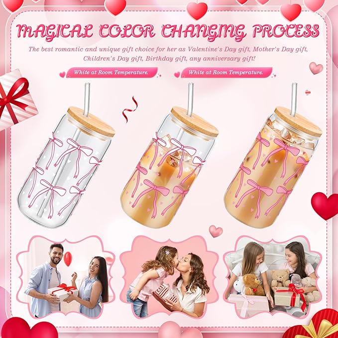 Skylety 2 Pcs Color Changing Glass Cups, 16 oz Cute Coquette Pink Bow Iced Coffee Tumblers with Lids and Straws Reusable Drinking Glasses Jars Cute Gifts for Girls