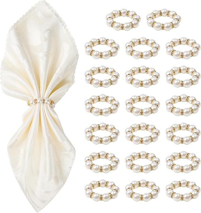 Gold Napkin Rings 20Pcs, Imitation Pearl Napkin Rings Napkin Holder, Elegant Rhinestone Gold Beaded Serviette Buckles for Weddings, Party Supplies & Fancy Table Decor (White and Gold, 20Pcs)