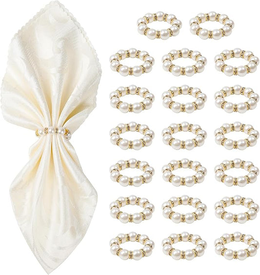 Gold Napkin Rings 20Pcs, Imitation Pearl Napkin Rings Napkin Holder, Elegant Rhinestone Gold Beaded Serviette Buckles for Weddings, Party Supplies & Fancy Table Decor (White and Gold, 20Pcs)