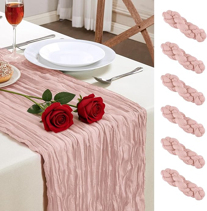6 Pack Dusty Pink Valentine's Day Cheesecloth Table Runner 10FT Long Boho Gauze Table Runner Rustic Sheer Runner for Wedding Bridal Baby Shower Birthday Holiday Party Table Decor Easter Decorations