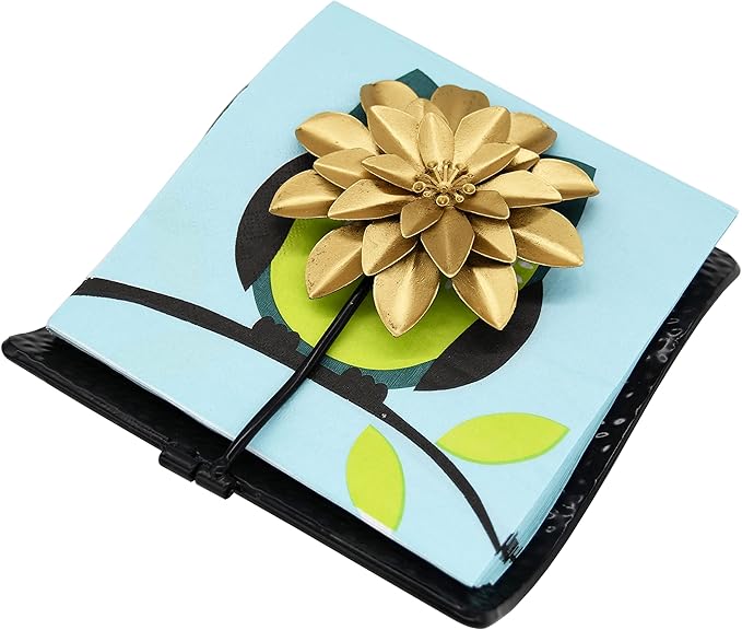 OwlGift Black Flat Napkin Holder w/Golden Flower Weighted Arm, Metal Cocktail Napkin Dispenser, Kitchen Counter Paper Towel Storage, Dining Table Organizer