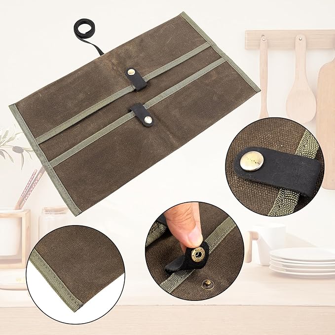 Double Knife Roll for Chefs,Waxed Canvas Vertical Knife Storage Case,Travel Carry-On Roll Bag,Rectangular Protector Sheath Pouch Organizer for Chef Kitchen Cutlery Knives Accessories,Cooking Tool