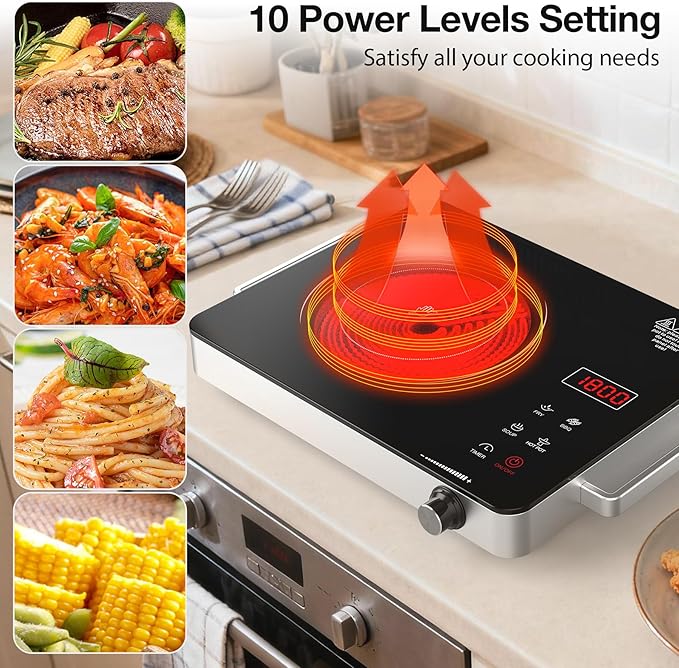 WABK Portable Electric Cooktop, 1800W Infrared Hot Plate Countertop Burner with Handle, 110V Single Burner Electric Stove with Knob & Touch Control, 4-Hours Timer & 10 Power Levels for Home Camping