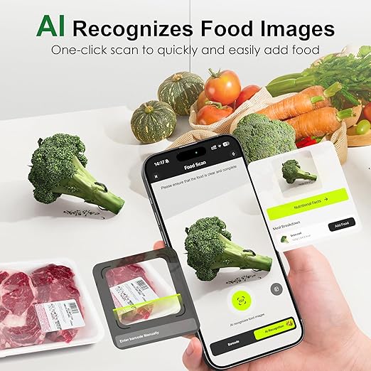 Ultrean Smart Food Kitchen Scale with Nutritional Calculator, Free App for Macro & Calorie Tracking, AI Scan, Digital Grams and Ounces for Weight Loss, Rechargeable, Stainless Steel, 33lb /15kg