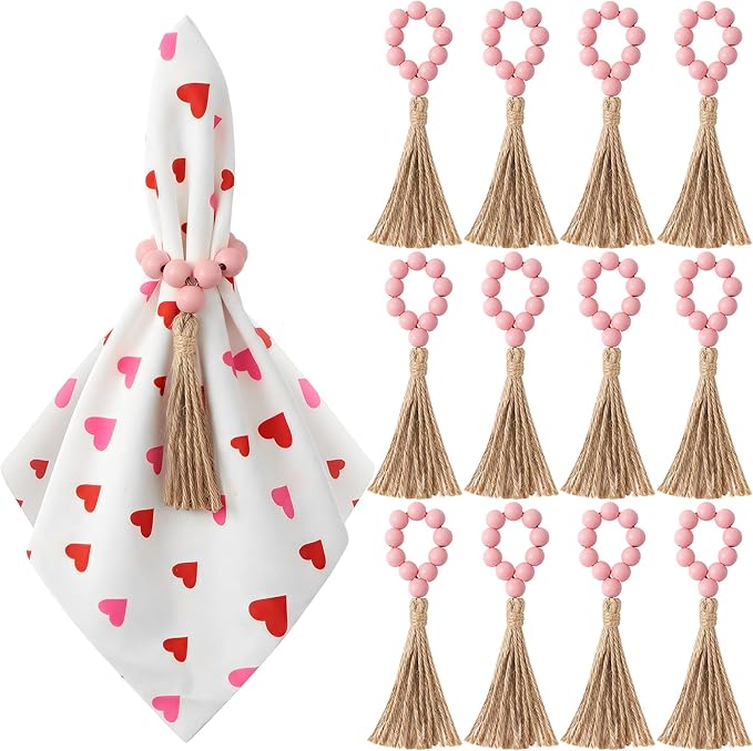 APTWOW Valentine Napkin Rings Set of 12, Pink Wooden Bead Napkin Rings for Table Decor, Valentine's Day Farmhouse Napkins Rings for Boho Table Decor, Spring Banquet, Wedding, Easter
