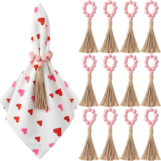 APTWOW Valentine Napkin Rings Set of 12, Pink Wooden Bead Napkin Rings for Table Decor, Valentine's Day Farmhouse Napkins Rings for Boho Table Decor, Spring Banquet, Wedding, Easter