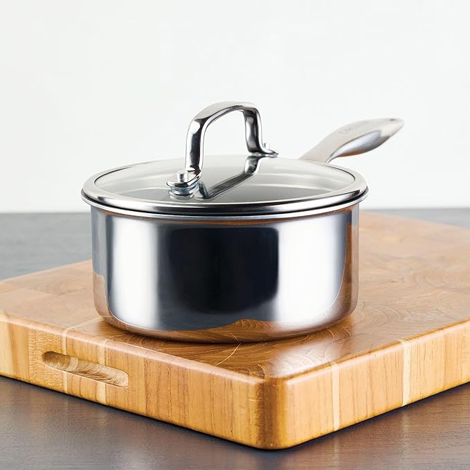 Circulon C1 Series Clad Stainless Steel with ScratchDefense Technology Cookware Nonstick Induction Saucepan with Lid, Metal Utensil Safe, 1.5 Quart - Polished Stainless Steel