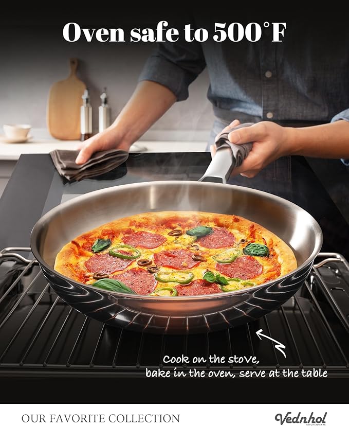 VEDNHOL Stainless Steel Pan with Lid,12 Inch Stainless Steel Frying Pan,Tri-Ply Stainless Steel Skillet,Steel Pan for Cooking,PFOA&PTFE Free,Dishwasher and Oven Safe,Induction&All Stove Compatible