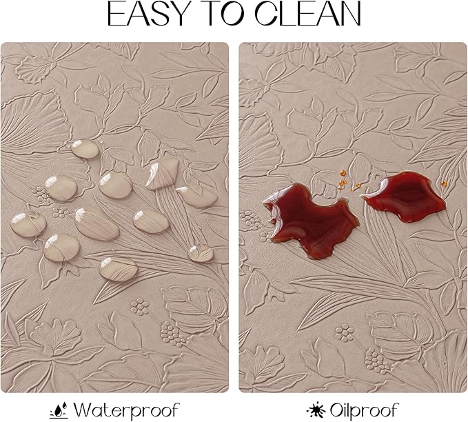 Romanstile Vinyl Placemats Set of 6-12 X 17 Inch - Heat Resistant Non-Slip Embossed Floral Place Mats 100% Waterproof Oilproof Wipeable Faux Leather Table Mats for Kitchen/Dining/Party, Khaki
