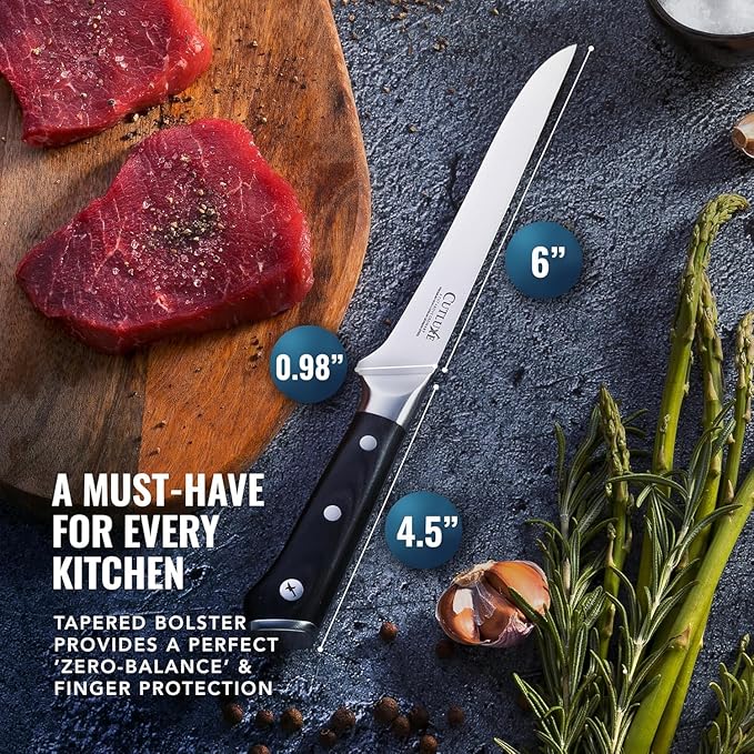 Cutluxe Boning Knife – 6" Razor Sharp Fillet – High Carbon German Steel – Full Tang Ergonomic Handle Design, Grilling Gifts for Men – Artisan Series