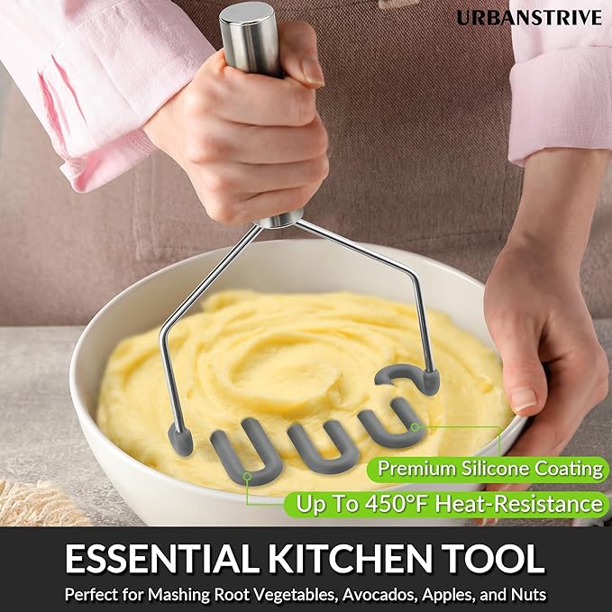 Urbanstrive Non-Scratch Silicone Potato Masher Kitchen Tool, Potatoes Masher Potato Masher Stainless Steel Wrapped In Premium Silicone, Potato Smasher, Grey