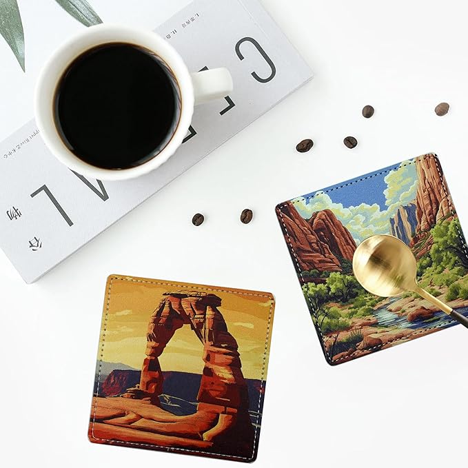 National Parks Coasters Square Leather Drinks Coaster Set with Holder for Coffee Table Bar Home Decor 4 Inches Set of 6