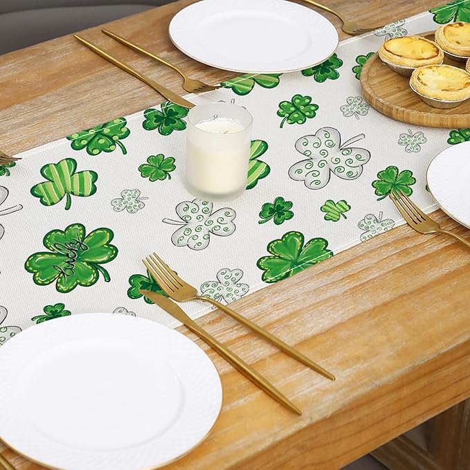 St. Patrick's Day Table Runner Decorations,Green Lucky Shamrock Linen Spring Table Runner Seasonal Holiday Kitchen Dining Table Decoration for Indoor Outdoor Home Party Decor 13 x 72 Inch