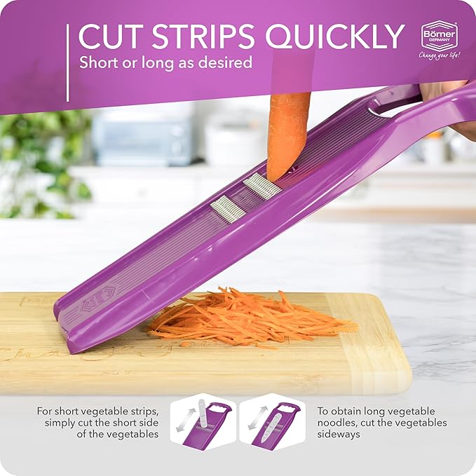 Börner by Reston Lloyd Roko PowerLine • Short & Long Vegetable Strips/Noodles & Safety Food Holder • Made in Germany, Purple