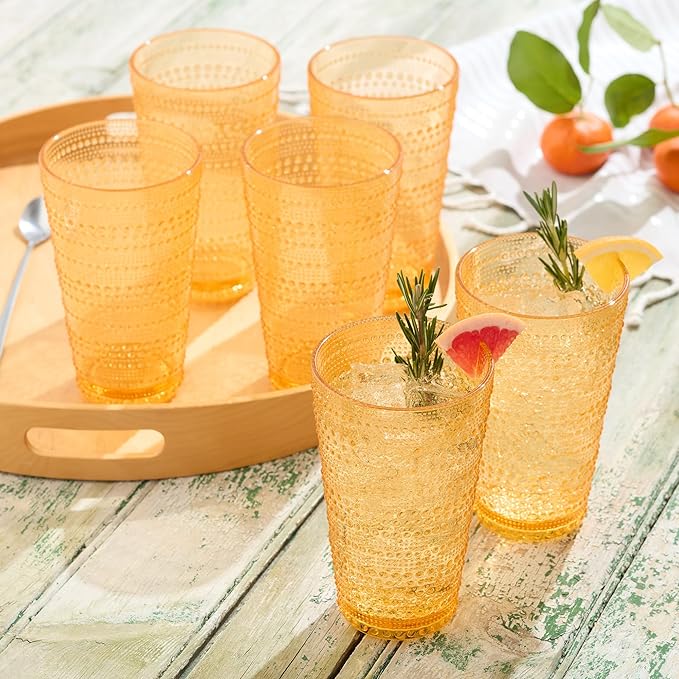 Santa Fe Orange Set of 6 Premium Acrylic Ice Tea Glass 22 oz – Unbreakable Drinkware with Textured Bubble Design, Shatterproof Tumblers for Indoor & Outdoor Use