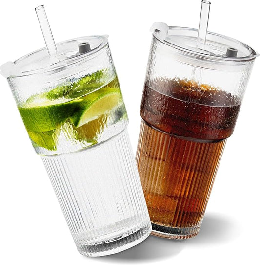 18oz Glass Tumblers with Lids and Straws, Set of 2 - Stylish Vintage Ribbed Design for Iced Coffee, Juice, Smoothies, Milkshakes, Cocktails & More - Perfect for Daily Use