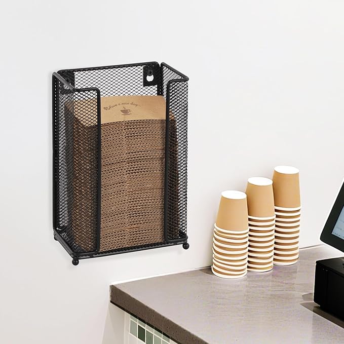 Coffee Cup Sleeve Holder Wall Mount or Countertop, Paper Cup Sleeve Organizer Dispenser for Coffee Station Bar Restaurant Breakroom, Black