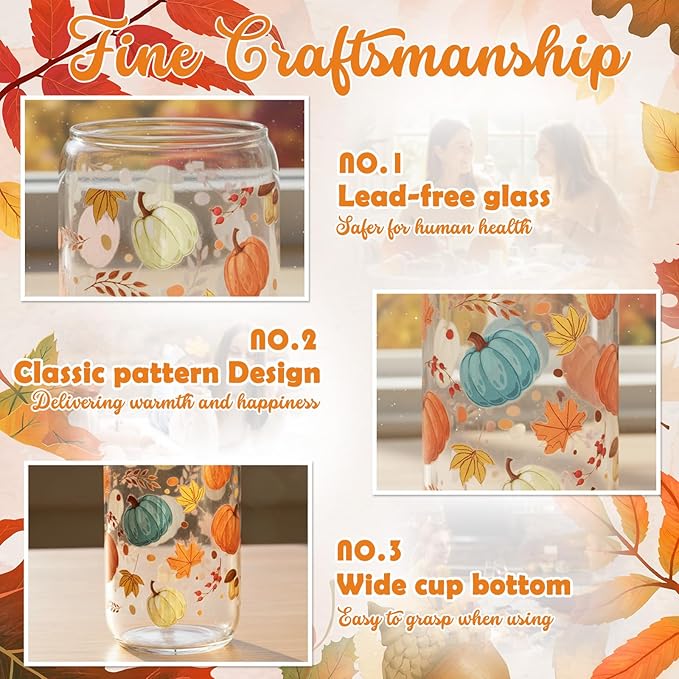 Sliner 2 Pcs Thanksgiving Glass Cups Pumpkin Maple Leaves Drinking Tumbler Fall Gifts 16 oz Iced Coffee Cup with Lid Straw Cleaning Brush for Autumn Home Office Holiday Decorations
